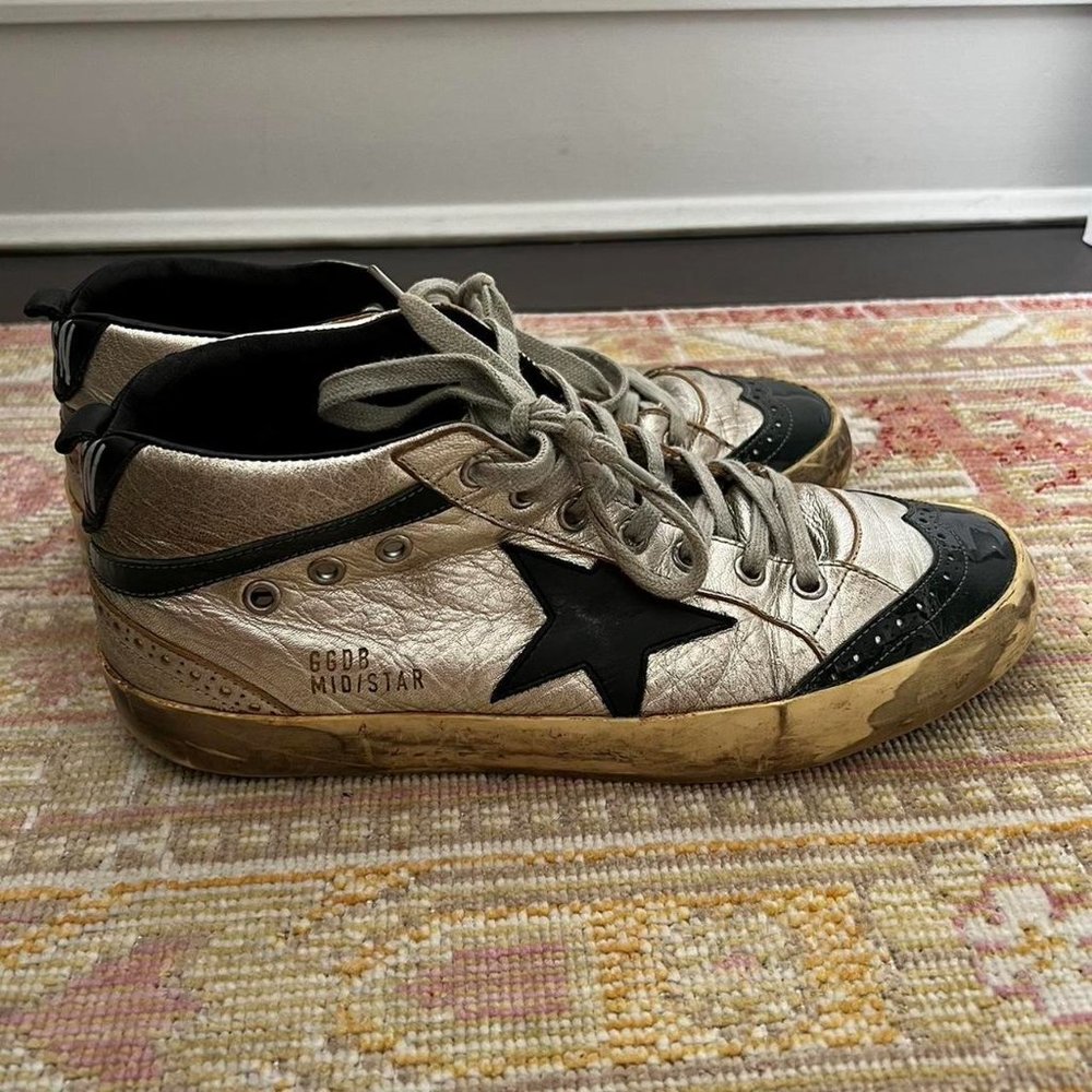 Golden Goose Silver and Black Mid Star Sneakers